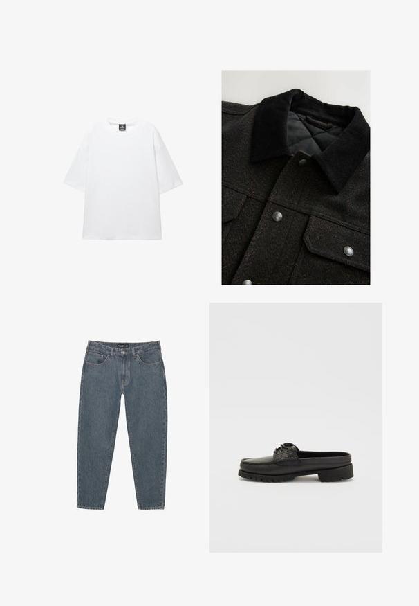 Jakna s uzorkom riblja kost u crnoj i smešnoj boji, s ovratnikom od kordura, dugmadima na dugme i ušivenom podlogom. Tkanina deluje teksturirano.; Bijela oversized majica s kratkim rukavima, okruglim izrezom i mekim pamučnim materijalom. Ima crnu oznaku na vratu. Bez uzoraka ili akcenta.; Tamno plave traperice s opuštenim krojem, dizajnom od pet džepova, kopčanjem na dugme i lagano oštrim rubom. Izdržljiv materijal s suptilnom teksturom.; Crne kožne cipele bez vezivanja s detaljima od čipke, zaobljenog vrha i teksturiranom potplatu. Imaju lagano povišeni potplat i glatku završnu obradu.