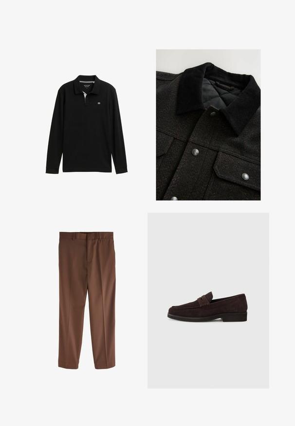 Jacke mit Fischgrätmuster in Schwarz und Braun, mit Cordkragen, Druckknöpfen und wattierter Innenausstattung. Der Stoff wirkt strukturiert.; Schwarzes Langarm-Polohemd mit klassischem Kragen, mit einem weißen Innenkragen und Logo auf der Brust. Glatte Textur und normale Passform.; Braune maßgeschneiderte Hosen mit glatter Textur, geradem Bein, Gürtelschlaufen und einem einzelnen vorderen Falten. Keine sichtbaren Taschen oder Akzente.; Braune Wildleder-Slipper mit niedrigem Profil und runder Zehenform. Verfügt über einen dekorativen Riemen über dem Obermaterial, eine flache Gummisohle und keine sichtbaren Nähte.