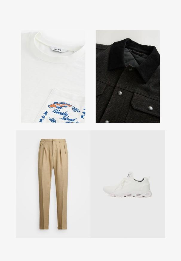 Fekete és barna hézagos mintájú zakó, kordbársony gallérral, patentgombokkal és steppelt béléssel. Az anyag texturált hatású.; Fehér, kerek nyakú póló, amelyen egy zseb látható, színes koi halakkal hímezve és kék "Honsky Island" felirattal. Puha tapintású.; Beige vászon nadrág egyenes szabással, két első redővel, gombos záródással és oldalzsebekkel. Tömör textúrájú anyag sima felülettel.; Fehér sportcipők, texturált kötött felsőrésszel, lapos fűzőkkel és párnázott talppal, amely látható légkamrákkal rendelkezik a megerősített kényelem érdekében.