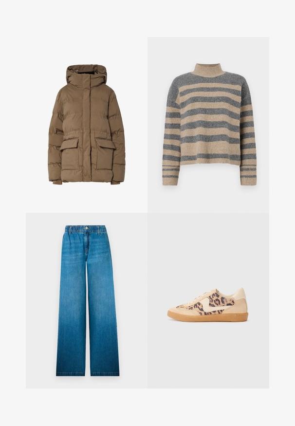 Casaco acolchoado castanho com capuz, apresentando um desenho acolchoado, dois bolsos frontais e punhos elásticos. Feito de tecido isolante, textura suave.; Sweater de malha às riscas com cores cinza e bege, gola alta, mangas largas com punhos e um corte solto com design cropped.; Jeans de perna larga feitos de denim azul claro, com um cós elástico, fecho de botão e um corte reto com um efeito desbotado.; Sapatilhas com padrão de leopardo, parte superior em camurça bege, sola de borracha castanha e detalhes brancos. Bico redondo e design com atacadores, com um acabamento texturizado.