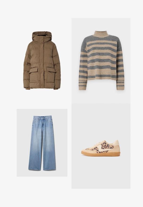 Casaco acolchoado castanho com capuz, apresentando um desenho acolchoado, dois bolsos frontais e punhos elásticos. Feito de tecido isolante, textura suave.; Sweater de malha às riscas com cores cinza e bege, gola alta, mangas largas com punhos e um corte solto com design cropped.; Jeans de ganga de perna larga em azul claro, com bolsos frontais, passadores de cinto e fecho com botão e zipper.; Sapatilhas com padrão de leopardo, parte superior em camurça bege, sola de borracha castanha e detalhes brancos. Bico redondo e design com atacadores, com um acabamento texturizado.
