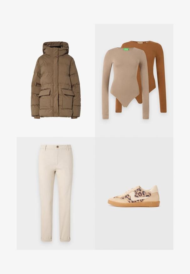 Ruda pūkinė striukė su gaubtu, pasižyminti siuvinėtu dizainu, dviem priekinėmis kišenėmis ir elastingais rankogaliais. Pagaminta iš izoliuotos medžiagos, lygaus paviršiaus.; Du du ilgi rankoviai priglundantys kūno kostiumai su apvaliais kaklais, vienas bežinis, o kitas rudas, išdėstyti persidengiantys ant balto fono.; Kreminiai chino tipo kelnių su tiesia kojų forma, pagamintos iš medvilnės. Savybės: mygtuko uždarymas, priekinės kišenės ir sukrito kelnių apačioje.; Leopardų rašto sportiniai batai su smėlio spalvos zomšiniu viršumi, rusvu guminiu padu ir baltais akcentais. Apvalus nosis ir raištelių užsegimas su tekstūruotu paviršiumi.