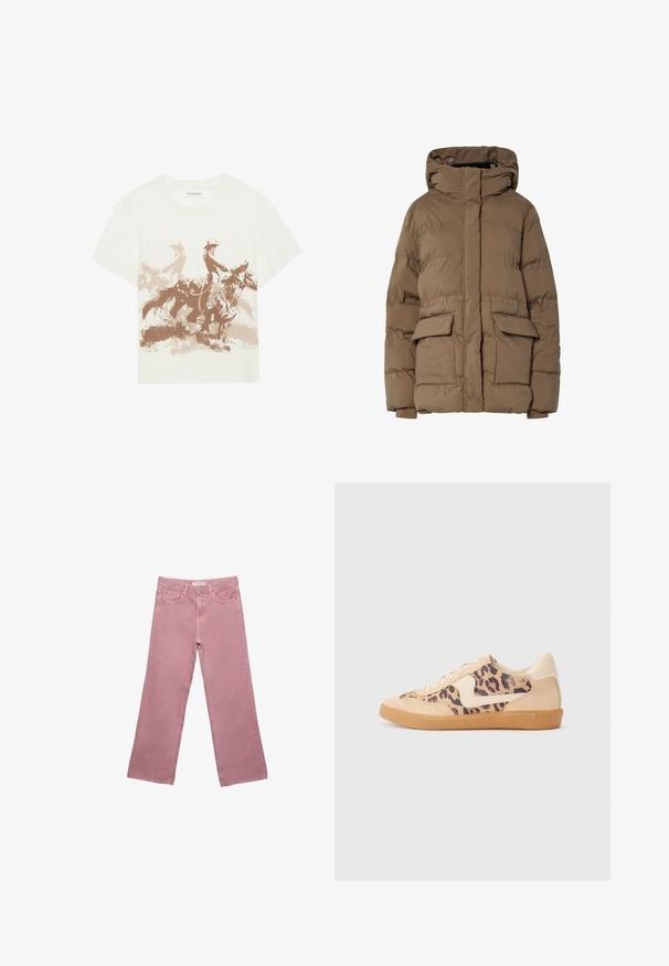 Brązowa kurtka puchowa z kapturem, z pikowanym wzorem, dwoma przednimi kieszeniami i elastycznymi mankietami. Wykonana z ocieplanej tkaniny o gładkiej fakturze.; Jasnobeżowa bawełniana koszulka z okrągłym dekoltem i krótkim rękawem, z brązowym nadrukiem przedstawiającym dwóch jeźdźców na koniach w ruchu.; Różowe dżinsy o szerokich nogawkach, wykonane z denimu, z wysokim stanem, przednimi kieszeniami i subtelnymi detalami w postaci przeszyć. Gładka tekstura bez wzorów.; Sneakers w panterkowym wzorze, z beżową zamszową cholewką, brązową gumową podeszwą i białymi akcentami. Okrągły czubek i sznurowany fason z fakturowym wykończeniem.