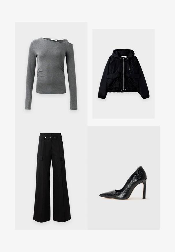 Svart huva jacka gjord av slät nylon. Har en frontdragkedja, två stora framfickor och elastiska ärmslut med dragsko i nederkant.; Grå långärmad tröja i mjukt material, med båthalsringning och en enda axelcut-out detalj med lätt rynkning på sidorna.; Svarta vida byxor med hög midja, med stora sidofickor, två framknappar och en ögla. Tillverkade av kraftigt tyg.; Svart spetsig högklackad sko med krokodilskinnsstruktur, som har en elegant design, hög stilettklack och en slät svart innersula.