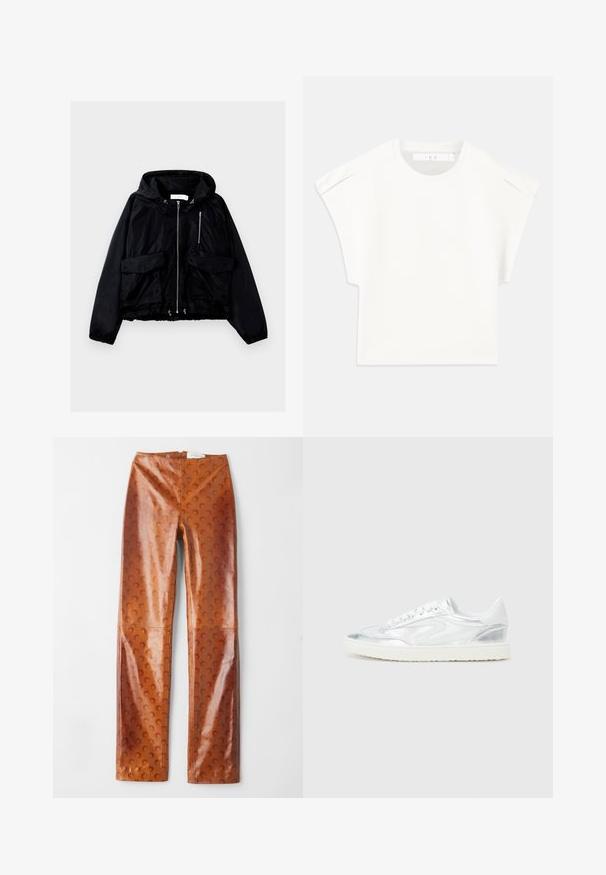 Musta kapuutsiga jakken, mis on valmistatud siledast nailonist. Omab esist zippi, kahte suurt esikotti ja elastseid varrukaotsasid koos tõmbesidemega helmel.; Valge kastikujuline T-särk lühikeste varrukatega. Valmistatud siledast kangast, millel on ümmargune kaelus ja diskreetne õlavarre aktsent. Lihtne disain.; Pruun kunstnahast püksid, millel on tekstureeritud pind ja kuu kujuline muster, kõrge vöökohaga disain ja sirge säär.; Valged tennisjalanõud metallik hõbedaste aktsentidega, sile tekstuur, ümar varvas, tasane põhi ja traditsiooniline paeltega sulgemine.