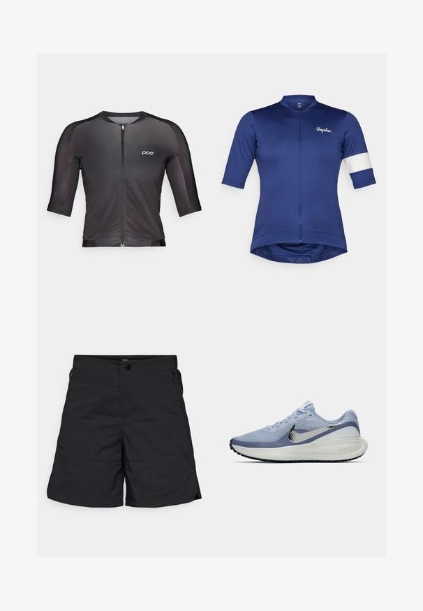 Maillot de cyclisme à manches courtes en tissu bleu foncé, doté d'une fermeture éclair à l'avant et d'une rayure blanche sur la manche ; conception légère et ajustée.; Maillot de cyclisme noir avec des manches trois-quarts, fermeture zip à l'avant, branding minimal. Fabriqué en tissu lisse et extensible avec un design ajusté.; Shorts noirs en tissu léger, dotés d'une fermeture à bouton et de deux poches latérales. Design simple avec des lignes épurées et un minimum de détails.; Chaussure de course Nike bleu clair et blanche avec un swoosh argenté, tige en mesh respirant, semelle rembourrée et semelle extérieure noire.