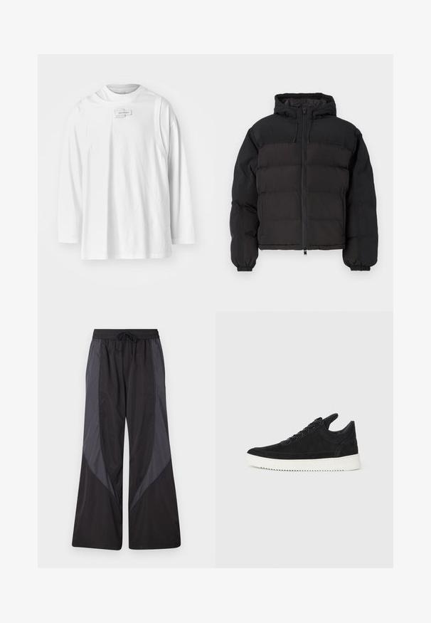 Giubbotto imbottito nero con cappuccio, chiusura con zip, polsini elastici e forma ampia con sezioni trapuntate per l'isolamento.; Feng Chen Wang DECONSTRUCTION UNISEX - Maglietta a manica lunga - white; Han Kjøbenhavn PANELLED TRACK TROUSERS - Pantaloni sportivi - anthracite black; Sneaker in suede nero con suola in gomma bianca, caratterizzato da cuciture tonali e design con lacci. Texture liscia con una forma moderna e aerodinamica.