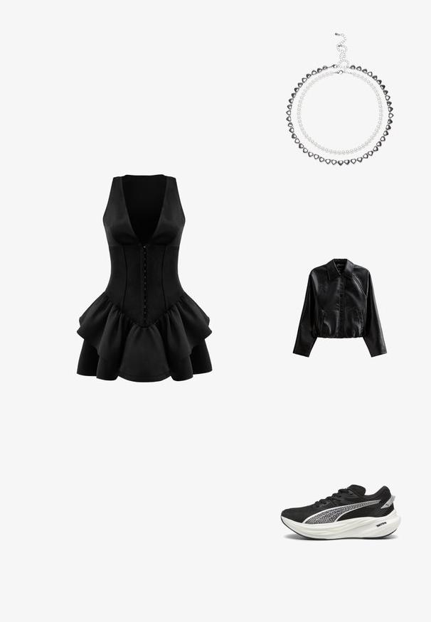 Zwarte cropped leren jas met een kraag, knoopsluiting en zijzakken. Heeft een gladde textuur en raglanmouwen.; OW Collection AUGUSTA - Jerseyjurk - black; Zwarte sportieve schoenen met een bovenwerk van mesh, reflecterende zilveren accenten, dikke witte dempingsschoenen en een zwarte rubberen buitenzool.; Zwarte gepatineerde leren handtas met een driehoekige vorm, voorzien van een bovenrits en een verstelbare schouderriem. Logo "KARL LAGERFELD JEANS" in zilver.; Twee-laags ketting met zilveren hartvormige kraaltjes en witte parels. Verstelbare kettinghaak voor een veilige pasvorm. Gladde textuur en glanzende afwerking.