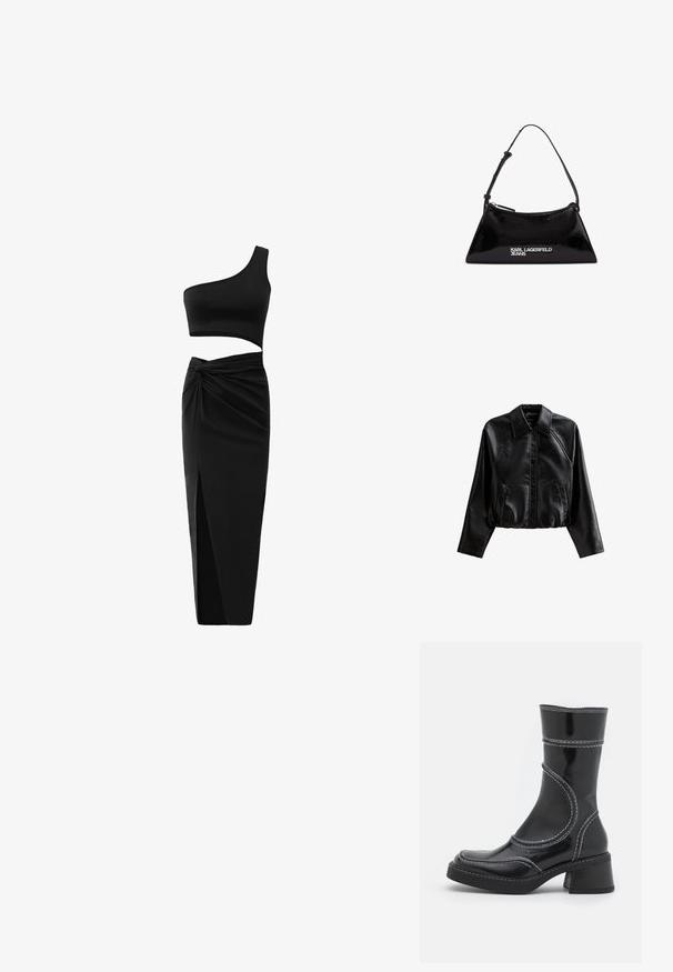 Veste en cuir noire courte avec un col, fermeture à boutons et poches latérales. Elle présente une texture lisse et des manches raglan.; Ensemble noir en deux pièces comprenant un crop top asymétrique et une jupe taille haute avec un détail torsadé et une fente sur le côté. Tissu lisse.; Bottine en cuir verni noir avec des coutures blanches, bout arrondi et talon carré. Présente des lignes de design courbées et une texture lisse.; Sac à main en cuir verni noir avec une forme triangulaire, doté d'une fermeture éclair supérieure et d'une sangle ajustable. Logo "KARL LAGERFELD JEANS" en argent.