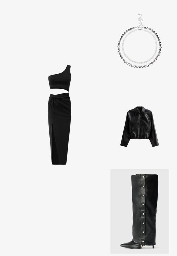 Giacca in pelle nera corta con colletto, chiusura con bottoni e tasche laterali. Presenta una superficie liscia e maniche raglan.; Completo nero a due pezzi composto da un top corto a spalla scoperta e una gonna alta in vita con un dettaglio intrecciato e uno spacco laterale. Tessuto morbido.; Stivali alti in pelle nera con tacco, caratterizzati da un design aderente, punta affusolata e dettagli con bottoni a pressione argentati lungo il lato.; Borsa a tracolla in pelle verniciata nera con forma triangolare, dotata di zip superiore e tracolla regolabile. Logo "KARL LAGERFELD JEANS" in argento.; Collana a due strati con perle a forma di cuore in argento e perle bianche. Chiusura a catena regolabile per una vestibilità sicura. Texture liscia e finitura lucida.