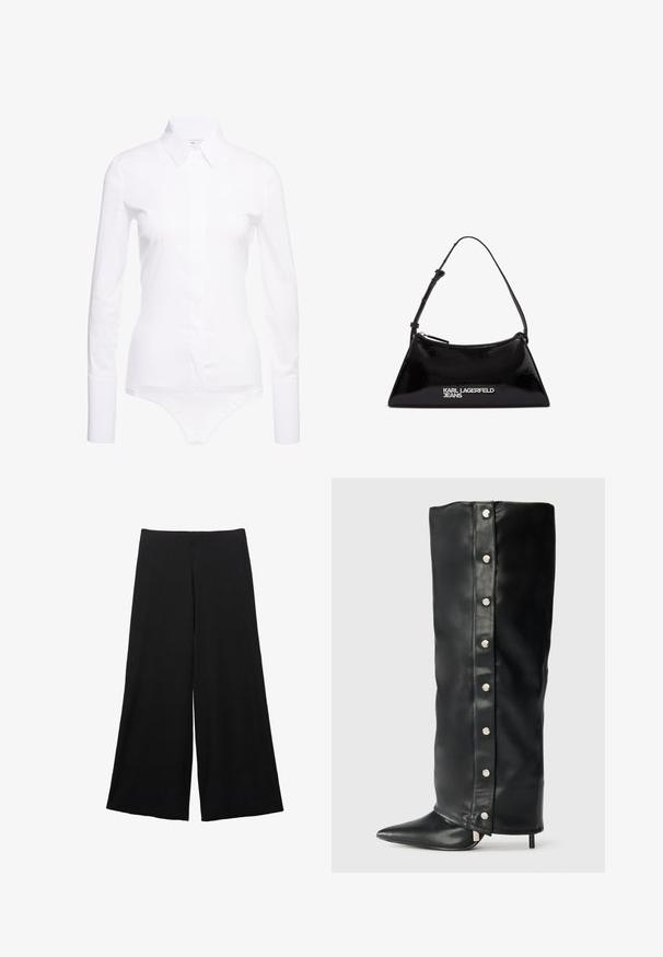 Giacca in pelle nera corta con colletto, chiusura con bottoni e tasche laterali. Presenta una superficie liscia e maniche raglan.; Body bianco a maniche lunghe con colletto a punta, chiusura frontale con bottoni e tessuto liscio e elasticizzato. Silhouette aderente, design minimalista.; Pantaloni neri a gamba larga realizzati in un tessuto morbido. Presentano una vita alta e una superficie liscia senza motivi o accenti visibili.; Stivali alti in pelle nera con tacco, caratterizzati da un design aderente, punta affusolata e dettagli con bottoni a pressione argentati lungo il lato.; Borsa a tracolla in pelle verniciata nera con forma triangolare, dotata di zip superiore e tracolla regolabile. Logo "KARL LAGERFELD JEANS" in argento.; Collana a due strati con perle a forma di cuore in argento e perle bianche. Chiusura a catena regolabile per una vestibilità sicura. Texture liscia e finitura lucida.
