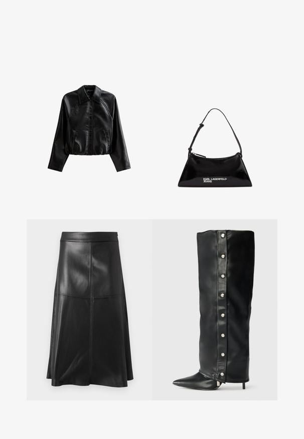 Czarna, krótka skórzana kurtka z kołnierzykiem, zapięciem na guziki i kieszeniami bocznymi. Charakteryzuje się gładką fakturą i rękawami raglanowymi.; Czarna koszula z długim rękawem o szerokim dekolcie, wykonana z miękkiego materiału, charakteryzująca się dopasowanym krojem i minimalnymi detalami szwów.; Czarna skórzana spódnica w kształcie litery A o gładkiej fakturze, z pionowymi przeszyciami i pasem. Dół spódnicy sięga tuż poniżej kolana.; Czarne skórzane kozaki na wysokim obcasie z dopasowanym krojem, spiczastym noskiem i srebrnymi zatrzaskami wzdłuż boku.; Czarna torebka z lakierowanej skóry o trójkątnym kształcie, z górnym zamkiem błyskawicznym i regulowanym paskiem. Logo "KARL LAGERFELD JEANS" w kolorze srebrnym.; Dwuwarstwowy naszyjnik z sercami w kształcie srebrnych koralików i białych pereł. Regulowane zapięcie łańcuszka zapewniające pewne dopasowanie. Gładka tekstura i błyszczące wykończenie.