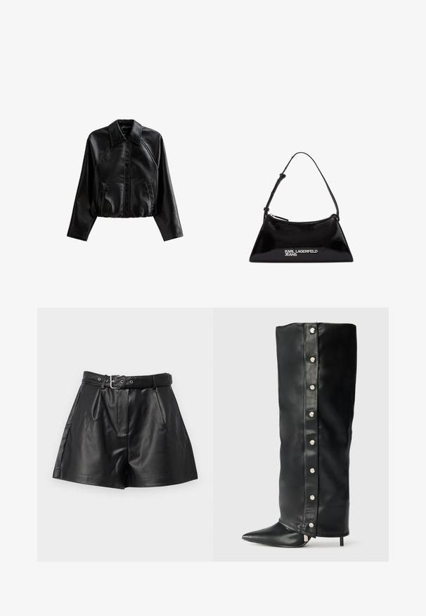 Chaqueta de cuero negra recortada con cuello de solapa, cierre de botón y bolsillos laterales. Presenta una textura suave y mangas raglán.; Camisa negra de manga larga con un escote amplio, hecha de un tejido suave, con un diseño ajustado y detalles de costura mínimos.; Vero Moda VMCAIAELLY - Shorts - black; Botas de cuero negro de tacón alto con un diseño ajustado, puntera afilada y acentos de botón de presión plateados a lo largo del costado.; Bolso de mano de charol negro con forma triangular, con cremallera superior y correa ajustable. Logo "KARL LAGERFELD JEANS" en plateado.; Collar de dos capas con cuentas en forma de corazón de plata y perlas blancas. Cierre de cadena ajustable para un ajuste seguro. Textura suave y acabado brillante.
