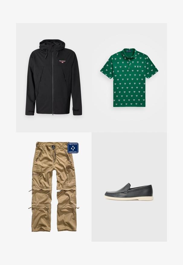 Črna zunanja jakna z zadrgo spredaj, kapuco na vrvico, dvema sprednjima žepoma in logotipom "POLO SPORT" na zgornji levi strani prsnega koša.; Zelena polo majica s ponavljanjem uzorka bijelih teniskih reketa i lopti, s ovratnikom i kopčanjem na tri gumba.; Khaki cargo hlače iz vode odpornega blaga. Imajo več žepov z zadrgo in odvitne noge za prilagodljivost.; Črne usnjene natikače z teksturiranim zaključkom in kontrastno bež gumo na podplatu. Imajo subtilen naglas vzdolž sprednje strani.