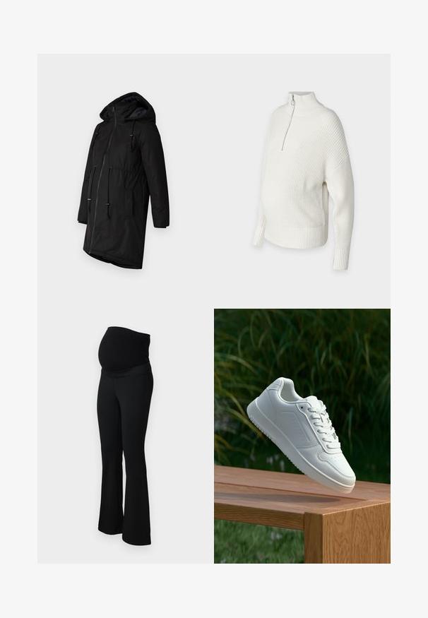 Parka noire isolée avec capuche, fermeture éclair à l'avant, taille à cordon et poches latérales. Texture lisse avec finition mate.; Pull blanc en maille avec un col montant, demi-fermeture éclair et poignets côtelés. Conçu avec une coupe loose et des fentes sur les côtés pour un confort supplémentaire.; ONLY MATERNITY OLMPAIGE - Pantalon classique - black; Sneakers blanches avec une tige synthétique lisse, un avant perforé, des lacets plats et une semelle texturée, présentées sur une surface en bois.