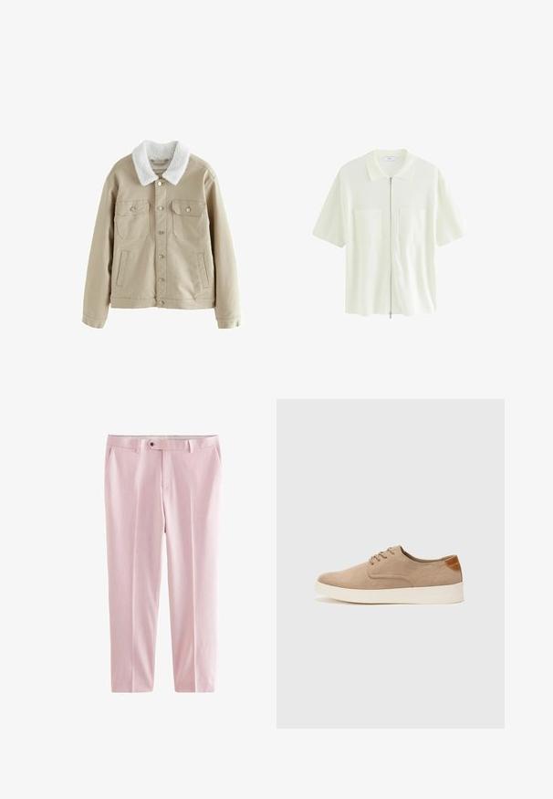 Giubbotto in denim beige con colletto in finta shearling bianca, due tasche sul petto e una tasca laterale, con bottoni a pressione argento e una vestibilità rilassata.; Camicia bianca a maniche corte con zip, realizzata in tessuto testurizzato, caratterizzata da un colletto e due tasche frontali con pattine quadrate.; Next MOTIONFLEX - Pantaloni eleganti - pink; Sneaker in suede beige con punta arrotondata, stringhe davanti e un accento testurizzato sul retro. La suola in gomma bianca offre un contrasto. Design semplice e moderno.