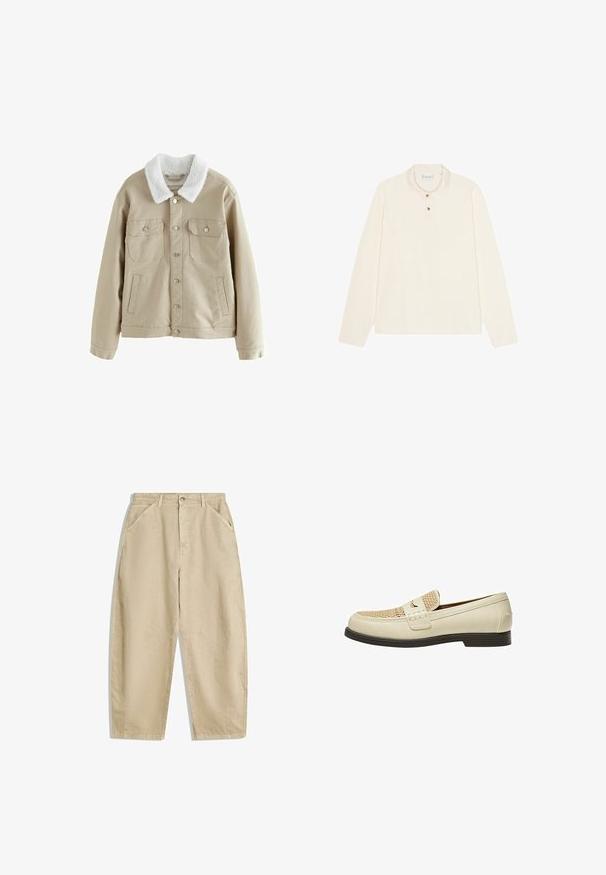 Giubbotto in denim beige con colletto in finta shearling bianca, due tasche sul petto e una tasca laterale, con bottoni a pressione argento e una vestibilità rilassata.; Polo a maniche lunghe color crema, con colletto piatto, chiusura a placca con tre bottoni in tonalità oro e un tessuto morbido e strutturato.; Pantaloni beige in cotone a gamba larga con vita alta, dotati di tasche frontali e chiusura con bottone anteriore. Tessuto liscio con cuciture pulite.; Mocassini in pelle beige con dettaglio intrecciato sulla punta e suola piatta marrone. Presentano una fascia decorativa sulla parte anteriore.