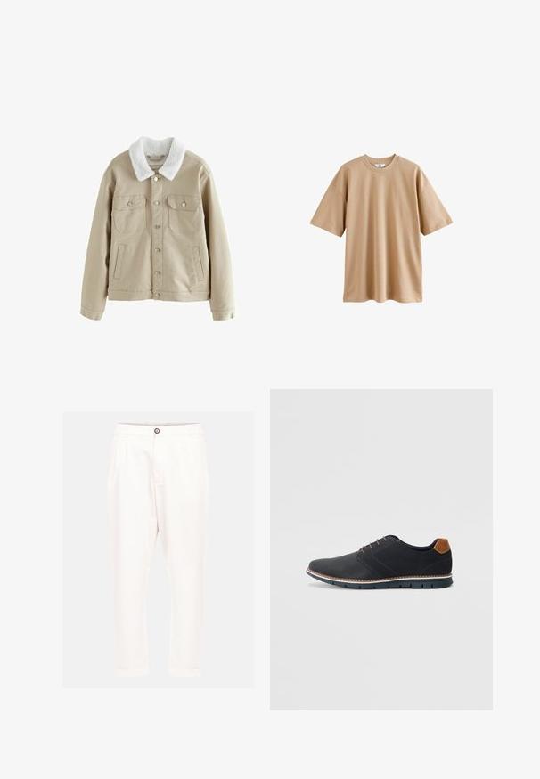 Beige farkkutakki, jossa on valkoinen tekoturkis-kaulus, kaksi rintataskua ja yksi sivutasku. Takissa on hopeiset nepparit ja rento istuvuus.; Vaaleanbeige lyhythihainen t-paita, joka on valmistettu puuvillasta, pyöreällä kaula-aukolla ja rentoa istuvuutta. Materiaali on sileä, eikä siinä ole kuvioita tai koristeita.; Valkoiset puuvillahousut, joissa on rento istuvuus, etu-nappikiinnitys, kaksi sivutaskua ja käännetyt lahkeet. Sileä pinta ja siistit linjat.; Mustat synteettiset kengät, joissa on teksturoitu päällinen, sileät yksityiskohdat, ruskea kanta ja erottuva pohja. Ominaisuuksina minimaalinen nauhoitus ja ompeluyksityiskohdat.