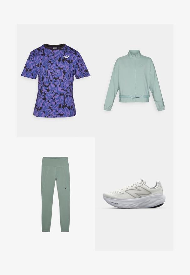 Chaqueta verde claro con cremallera, que cuenta con un alto cuello, puños elásticos y un cordón en la cintura, fabricada con un tejido suave y con un discreto detalle del logo.; Camiseta de manga corta en púrpura y negro con un patrón de camuflaje texturizado; presenta un cuello redondo y un prominente logo blanco de Puma en el pecho.; Leggings verdes claros hechos de una tela elástica con una cintura alta, que presentan costuras negras y un pequeño logo negro en la parte inferior de la pierna izquierda.; Zapatillas deportivas blancas con parte superior de malla, que cuentan con un cuello acolchado, suela texturizada y la marca "Fresh Foam" en la entresuela.