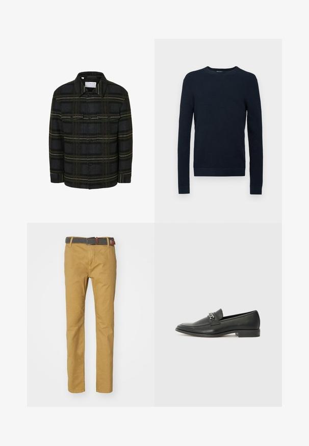 Schwarz-grüne karierte Flanelljacke mit zwei Brusttaschen, Knopfschluss und klassischem Kragen. Weiches, strukturiertes Material.; Dunkelblaues Langarm-Sweatshirt mit strukturiertem Strickdesign, gerippten Bündchen und Saum sowie einem Rundhalsausschnitt. Keine sichtbaren Logos oder Akzente.; Khaki Chinos mit slim Fit, aus Baumwollmaterial, mit einem strukturierten grauen und schwarzen gewebten Gürtel mit braunen Lederakzenten.; Schwarzer Lederloafer mit glatter Oberfläche, ausgestattet mit einer gesteppten Gestaltung und einem dekorativen Metallkettendetail über dem Vorderblatt. Flacher Absatz.