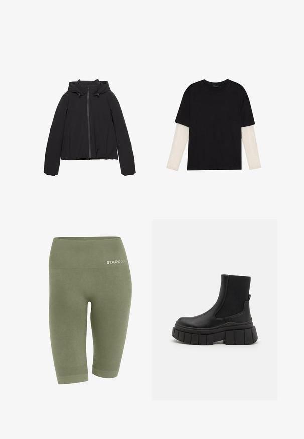 Giacca imbottita nera con cappuccio, dotata di zip frontale e coulisse regolabili. Tessuto liscio con una finitura leggermente lucida.; T-shirt nera in cotone con maniche corte sopra un sotto manica lunga bianca, caratterizzata da una sottile texture. Design con scollo rotondo.; Leggings cropped color verde oliva realizzati in morbido tessuto con una vita a coste. Le caratteristiche includono un logo in vita e aree accentate con texture.; Stivali neri alla caviglia in pelle liscia con pannelli laterali elastici, una suola platform spessa e un design della suola testurizzato.