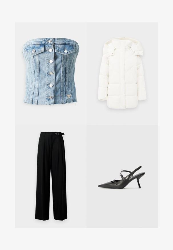 Casaco puffer branco com capuz, apresentando um forro texturizado e costuras geométricas. A forma larga e o design de comprimento médio aumentam o conforto térmico.; Guess SOFIA - Top - blue denim; Calças largas pretas de cintura alta, com pregas à frente e um cinto com fivela. Feitas de um tecido liso e leve.; Sapatos de salto alto em couro preto, tipo slingback, com bico pontiagudo, salto esguio e detalhe decorativo em fivela no peito do pé. Textura suave e design elegante.