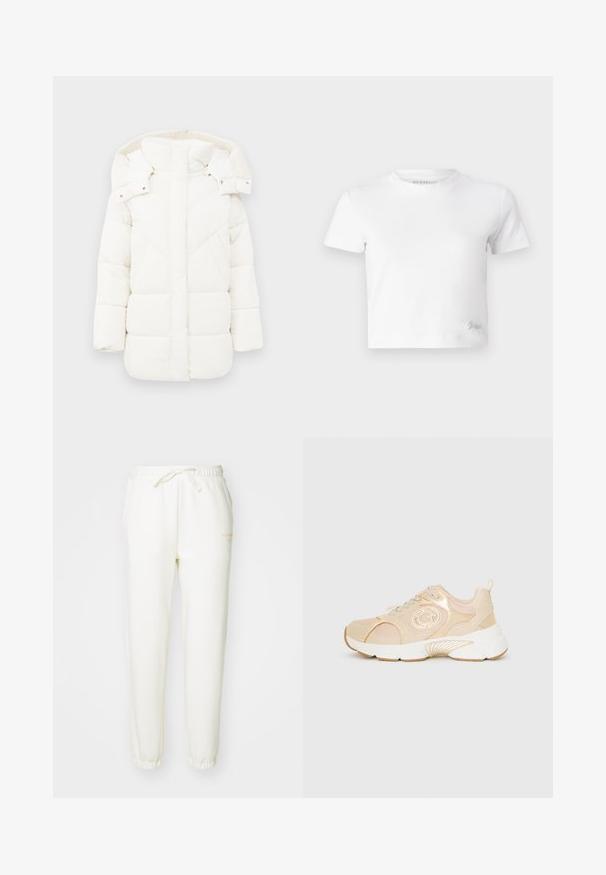 Λευκό μπουφάν πούφ με κουκούλα, με υφή επένδυση και γεωμετρικές ραφές. Το τετράγωνο σχήμα και ο μεσαίου μήκους σχεδιασμός ενισχύουν τη ζεστασιά.; Λευκή κοντή μπλούζα φτιαγμένη από απαλό βαμβάκι, με ψηλό λαιμό και κοντά μανίκια. Μικρό κεντημένο λογότυπο στη γωνία στο κάτω μέρος.; Ανοιχτό μπεζ παντελόνια jogger φτιαγμένα από μαλακό ύφασμα. Διαθέτουν ελαστική ζώνη με κορδόνια και ελαστικές μανσέτες στους αστραγάλους.; Μπεζ αθλητικό παπούτσι με άνω μέρος από διχτυωτό υλικό και συνθετικά στοιχεία, στρογγυλή μύτη και παχύ λευκό πάτο. Διαθέτει λεπτομέρεια λογότυπου και ανοιχτόχρωμα κορδόνια.