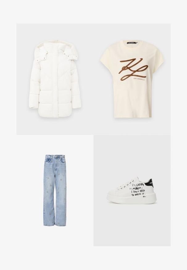 Baltas pūkinis švarkas su kapišonu, turintis tekstūrinę pamušalą ir geometrinį siuvinėjimą. Dėžutinis siluetas ir vidutinio ilgio dizainas padidina šilumą.; Kreminės spalvos medvilninė marškinė su trumpomis rankovėmis, priekyje papuoštos rudai siuvinėjamu logotipu ir užrašu.; Šviesiai mėlynos džinsinės kelnės su laisvu siluetu, puoštos sidabriniais gėlių siuvinėjimais visame paviršiuje ir standartiniu penkių kišenių dizainu.; Baltos platformos sportbačiai su juodais akcentais, turintys tekstūruotą pado ir ranka rašytą tekstą šonuose. Lygus odos paviršius.