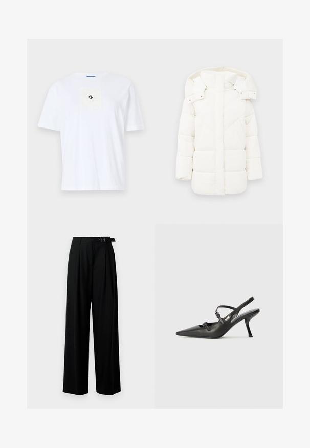 White puffer jacket with a hood, featuring a textured lining and geometric stitching. Boxy shape and mid-length design enhance warmth.; White cotton t-shirt with a square textured patch on the chest featuring black logo detailing. Crew neck and short sleeves.; Black wide-leg trousers with a high waist, pleats at the front, and a belt featuring a buckle. Made from smooth, lightweight fabric.; Black leather slingback heels with a pointed toe, slender heel, and decorative buckle detail on the vamp. Smooth texture and sleek design.
