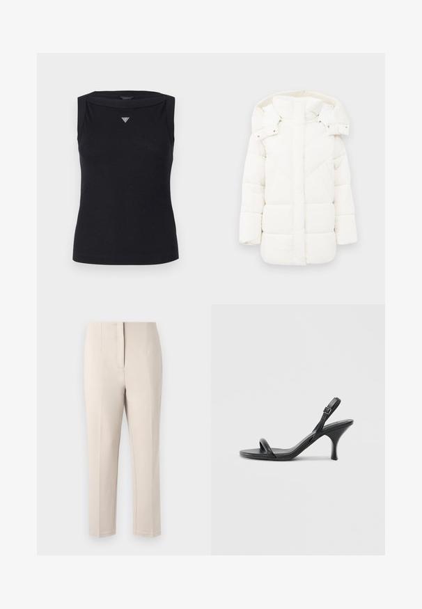 Bijela zimska jakna s kapuljačom, koja ima teksturiranu podlogu i geometrijsko šivnje. Kutni oblik i srednja dužina povećavaju toplinu.; Crna majica bez rukava od pamuka, s brojevima na čamcu i malim kristalnim trokutastim logom na grudima. Glatka tekstura.; Bež hlače s krojem koji ističe figuru, ravne nogavice i čisti prednji šav. Napravljene od glatkog materijala s suptilnim sjajem, bez vidljivih metalnih dijelova.; Crne kožne sandale na visoku petu s tankom, zakrivljenom petom i dizajnom prekriženih traka. Podesiva traka oko gležnja. Glatka tekstura.