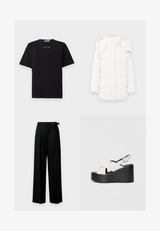 White puffer jacket with a hood, featuring a textured lining and geometric stitching. Boxy shape and mid-length design enhance warmth.; Black short-sleeve t-shirt made of cotton, featuring a round neck and two small white logos centered on the front. Smooth texture.; Black wide-leg trousers with a high waist, pleats at the front, and a belt featuring a buckle. Made from smooth, lightweight fabric.; White platform sandals with a black base, featuring a crossed strap design and adjustable ankle buckle. Smooth texture, modern shape.