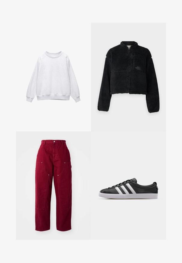 Zwarte fleece jas met hoge kraag, cropped ontwerp, lange mouwen, voorzak en textielstructuur. Heeft een logo op de borst.; Lichtgrijze crewneck sweatshirt met lange mouwen en geribde manchetten en onderkant, plat weergegeven op een witte achtergrond.; Bordeaux wijde broek van katoen, met twee grote zijzakken, een knoopsluiting en een relaxed fit met zichtbare stikseldetails.; Zwarte lederen sneaker met een witte drie-strepen ontwerp, ronde neus, platte witte rubberen zool en merkdetail aan de zijkant.