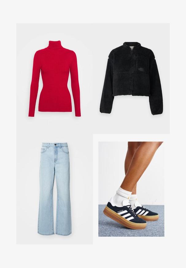 Veste polaire noire avec un col haut, un design court, des manches longues, une poche avant et un tissu texturé. Présente un logo sur la poitrine.; Pull en maille côtelée rouge avec un col roulé, des manches longues, un tissu texturé, une coupe ajustée et un col montant. Pas d'embellissements visibles.; Jean taille haute bleu clair avec un design à jambes larges. Fabriqué en denim, présentant des poches avant et une fermeture à boutons. Texture lisse.; Baskets en daim noir avec des rayures et des accents blancs, bout arrondi, semelle extérieure en caoutchouc gomme, associées à des chaussettes blanches côtelées mi-mollet.