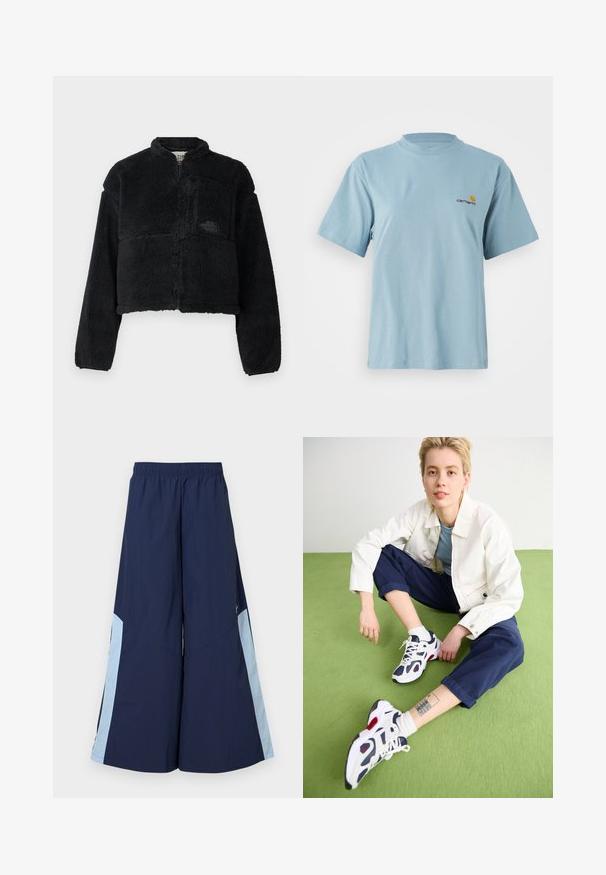 Crni flis jakna s visokim ovratnikom, skraćeni dizajn, dugi rukavi, prednja džep i teksturirani materijal. Ima logo na prsima.; Svijetloplavi kratki pamučni majica s kratkim rukavima, okruglim izrezom i malim žutim i crvenim Carhartt logom na lijevoj strani prsiju.; Morski široki hlače s elastičnim pojasom, s svijetloplavim bočnim panelima i glatkom teksturom. Dizajnirane za udobnost i lakoću kretanja.; Bijele tenisice s tamnoplavi akcentima i crvenim detaljima, uparene s tamnoplavi skraćenim hlačama i bijelom jaknom na zelenoj površini.