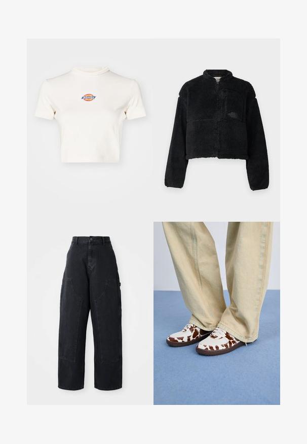 Fekete gyapjú dzseki magas gallérral, rövidített fazonnal, hosszú ujjakkal, elülső zsebbel és struktúrált anyaggal. A mellrészen logó található.; Tejfehér, rövid fazonú póló magas nyakkal, rövid ujjal és kör alakú logóval, rajta kék, piros és sárga "Dickies" felirattal.; Fekete, bő szárú, magas derekú farmernadrág, két nagy elülső zsebbel és gombos derékzárral. Simas textúra, hétköznapi dizájn.; Fehér és barna mintás sportcipők, hálós és bőr anyagból, barna gumi talppal. Világos bézs bő szabású nadrággal párosítva.