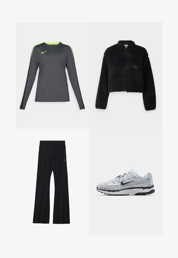 Black fleece jacket with a high collar, cropped design, long sleeves, front pocket, and textured fabric. Features a logo on the chest.; Long-sleeve sports shirt in dark gray with neon green accents on shoulders. Made of lightweight, breathable fabric, featuring a crew neckline.; Black flared yoga pants in stretchy fabric, featuring a wide waistband and a small logo near the hip. Smooth texture, no patterns.; Nike P-6000 sneakers with a light grey mesh upper, black accents, and a durable black rubber sole. Features intricate design and lacing system.