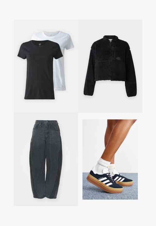 Čierna fleecová bunda s vysokým golierom, skráteným strihom, dlhými rukávmi, prednou vreckom a textúrovanou tkaninou. Obsahuje logo na hrudi.; Dvoje tričiek s okrúhlym výstrihom, jedno čierne a jedno biele, vyrobené z bavlny. Krátke rukávy, hladká textúra a štandardný strih.; Voľné čierne denimové džínsy so zosušeným povrchom, piatimi vreckami, zapínaním na gombík v páse a prešívaním na prednej strane a po stranách.; Čierne semišové tenisky s bielymi pruhmi a detailmi, so zaoblenou špičkou, podrážkou z gumovej gumy, doplnené bielymi rebrovanými ponožkami.