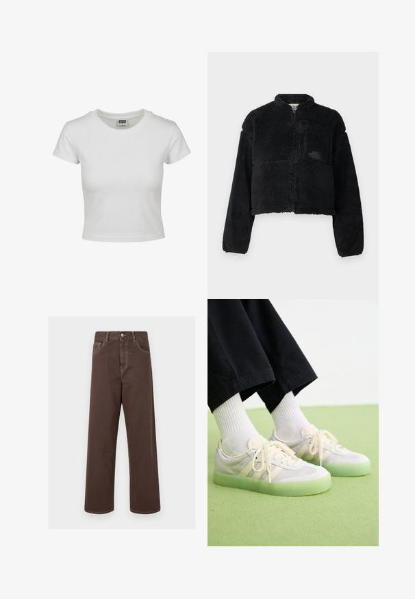 Čierna fleecová bunda s vysokým golierom, skráteným strihom, dlhými rukávmi, prednou vreckom a textúrovanou tkaninou. Obsahuje logo na hrudi.; Biela bavlnená tričko s klasickým okrúhlym výstrihom, krátkymi rukávmi a priliehavým strihom. Bez viditeľných vzorov alebo akcentov.; Hnedé nohavice s širokými nohavicami vyrobené z denimu, s kontrastným šitím, piatimi vreckami a kovovým zapínaním. Hladká textúra, rovný strih.; Svetlé tenisky s vrchom z zamatu a sieťoviny, so zložením troch bočných pruhov, plochými šnúrkami a priehľadnou zelenou gumovou podrážkou.