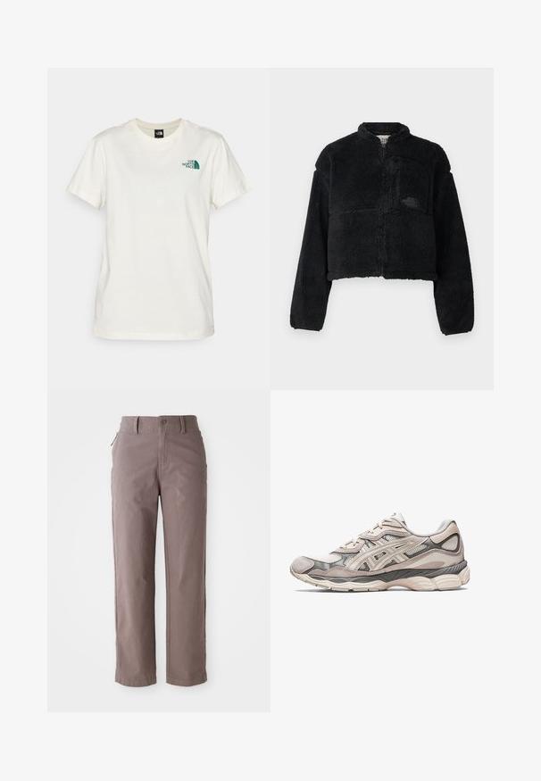 Crni flis jakna s visokim ovratnikom, skraćeni dizajn, dugi rukavi, prednja džep i teksturirani materijal. Ima logo na prsima.; The North Face BOX RELAXED TEE - Majica kratkih rukava s printom - white dune/evergreen; Smeđe pamučne twill hlače ravnog kroja, s prednjim dugmetom za zatvaranje i bočnim džepovima, glatke teksture i čistih linija.; Svijetlosivi atletski tenisice s gornjim dijelom od mrežice i umjetne kože. Imaju amortizirajuću potplatu, izražene nadogradnje i strukturirani dizajn.