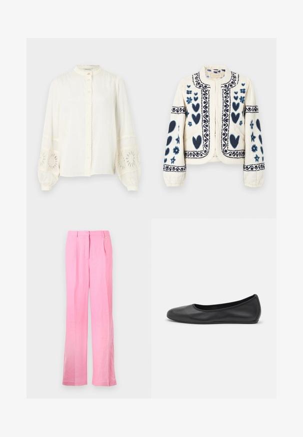 Cremefarbene Jacke mit marineblauen, gestickten Herzen und Blumen, mit Rundkragen und elastischen Bündchen, aus strukturiertem Stoff in taillierter Passform.; Weiße Baumwollbluse mit Stehkragen, durchgehendem Knopfverschluss und gepufften langen Ärmeln, die mit bestickten floralen Spitzenakzenten verziert sind.; Rosenrote Leinenhose mit entspannter Passform, ausgestattet mit Vorderfalten, einem Knopfverschluss und Seitentaschen. Glatte Textur und gerades Bein.; Schwarze Leder-Ballettschuhe mit abgerundeter Spitze, glatter Textur, minimalen Nähdetails und einem flexiblen Sohlen-Design.