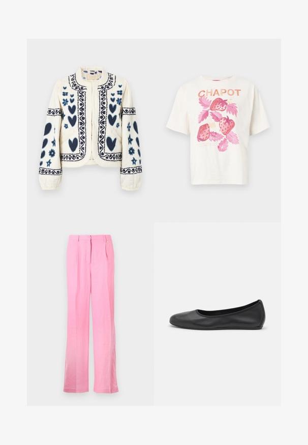 Crème jas met marineblauwe geborduurde harten en bloemen, voorzien van een ronde kraag en elastische manchetten, textiel in een getailleerd ontwerp.; Overmaatse witte katoenen t-shirt met een roze aardbeienprint met groene bladeren en het woord "CHAPOT" in oranje letters boven het ontwerp.; Roze linnen broek met een relaxte pasvorm, met voorplooien, een knoopsluiting en zijzakken. Glad textuur en recht model.; Zwarte leren ballerina met een ronde neus, gladde textuur, minimale stikdetails en een flexibele zoolontwerp.