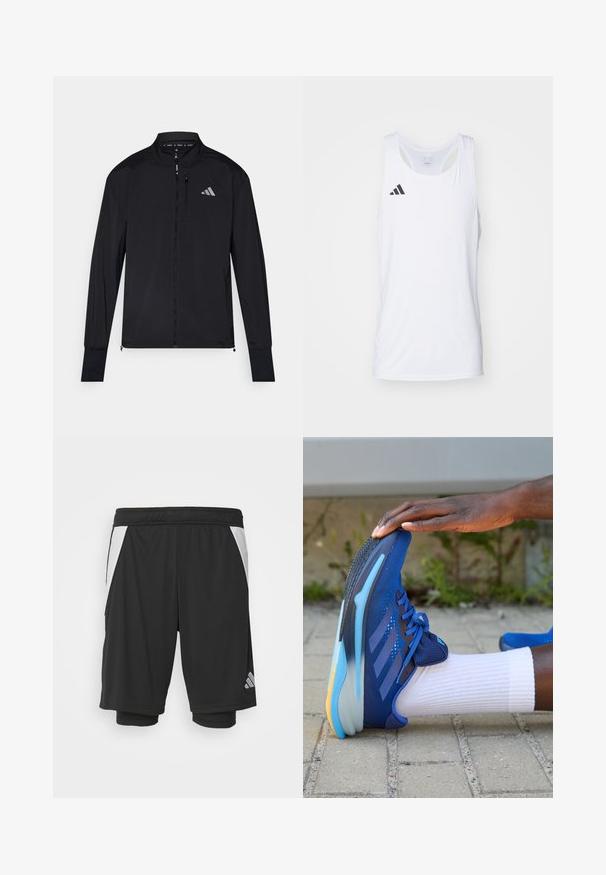 Chaqueta deportiva negra con cremallera frontal completa, cuello alto y mangas largas. Presenta un pequeño logo en el lado izquierdo del pecho y un bolsillo con cremallera. Textura suave.; Camiseta deportiva sin mangas blanca hecha de tejido ligero, con el logo negro de Adidas en el lado izquierdo del pecho y un escote en forma de scoop.; Bermudas deportivas negras con un tejido ligero, paneles laterales blancos, cintura elástica y un detalle del logo reflectante en la parte inferior izquierda.; adidas Performance SUPERNOVA SOLUTION - Zapatillas running asfalto - team royal blue/dark blue/blue burst