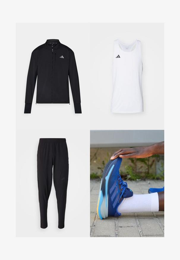 Giacca atletica nera con zip frontale completa, colletto alto e maniche lunghe. Presenta un logo piccolo sul petto sinistro e una tasca con zip. Texture liscia.; Canotta atletica bianca senza maniche realizzata in tessuto leggero, con il logo Adidas nero sul lato sinistro del petto e scollatura a girocollo.; Pantaloni sportivi neri con vita elastica, design affusolato, tasche laterali e dettagli logo discreti. Realizzati in tessuto flessibile e traspirante.; adidas Performance SUPERNOVA SOLUTION - Scarpe da corsa su strada - team royal blue/dark blue/blue burst