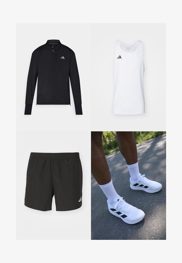Schwarze Sportjacke mit vollem Frontreißverschluss, hohem Kragen und langen Ärmeln. Verfügt über ein kleines Logo auf der linken Brust und eine Reißverschlusstasche. Glatte Textur.; Weißes ärmelloses sportliches Tanktop aus leichtem Stoff, mit schwarzem Adidas-Logo auf der linken Brust und einem runden Ausschnitt.; Schwarze Sportshorts mit einem elastischen Taillenbund, seitlichen Schlitzen und reflektierenden Logoakzenten. Hergestellt aus leichtem, glattem Material.; Weiße Sportschuhe mit schwarzen Akzenten, Obermaterial aus Mesh und weißen Schnürsenkeln. Getragen mit weißen gerippten Crew-Socken, positioniert auf einer Betonoberfläche.