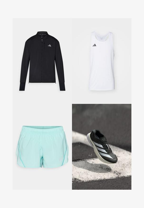 Zwarte sportjack met volledige voorkant rits, hoge kraag en lange mouwen. Voorzien van een klein logo op de linkerborst en een ritszak. Glad textuur.; Witte mouwloze sport tanktop van lichtgewicht stof, met het zwarte Adidas-logo op de linkerborst en een ronde halslijn.; Licht turquoise sportshorts met een elastische tailleband, zijpanelen van gaas en een klein logo op de onderrand aan de voorkant. Soepele textuur en een relaxte pasvorm.; Zwarte sportschoen met drie witte strepen, een textuur bovenkant, een slank ontwerp en een gebogen zool, gepositioneerd boven een witte lijn op asfalt.