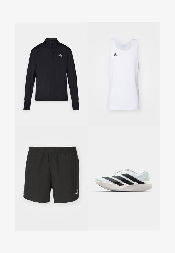 Black athletic jacket with full front zipper, high collar, and long sleeves. Features a small left chest logo and zippered pocket. Smooth texture.; White sleeveless athletic tank top made of lightweight fabric, featuring black Adidas logo on the left chest and a scoop neckline.; Black athletic shorts with an elastic waistband, side slits, and reflective logo accents. Made of lightweight, smooth fabric.; Lightweight running shoes in pale blue with black stripes. Features a smooth upper, round toe, and thick white midsole labeled "LIGHTSTRIKE PRO."