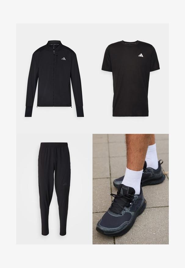 Veste de sport noire avec fermeture éclair en avant intégrale, col montant et manches longues. Présente un petit logo sur la poitrine gauche et une poche zippée. Texture lisse.; T-shirt en coton noir à manches courtes, décolleté rond et logo blanc sur la poitrine gauche. Texture lisse et design simple.; Pantalons de sport noirs avec une taille élastique, design fuselé, poches latérales et détail de logo subtil. Fabriqués en tissu flexible et respirant.; New Balance FRESH FOAM X HIERRO V8 - Chaussures de running - black