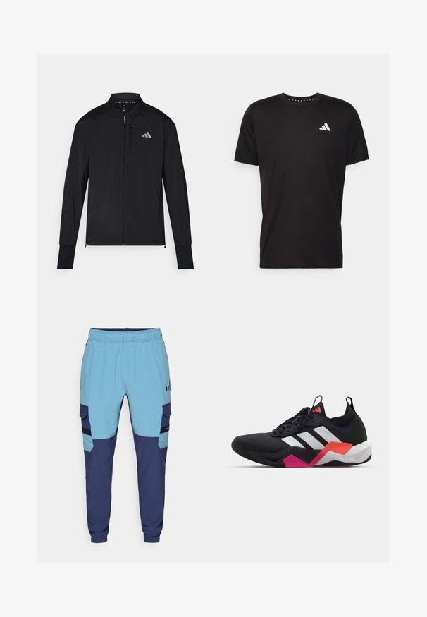 Fekete sportos dzseki teljes elől zippel, magas gallérral és hosszú ujjakra. Bal mellen kis logó található, valamint zippzáras zseb. Sima textúra.; Fekete pamut póló rövid ujjal, kerek nyakkivágással, bal mellrészen fehér logóval. Sima textúra és egyszerű dizájn.; Kék és sötétkék kötött nadrág, rugalmas derékkal, oldalsó zsebekkel és cargo stílusú részletekkel. Puha, légáteresztő anyagból készült.; Fekete sportcipő fehér csíkokkal, texturált felső résszel és tömzsi talppal, narancssárga, rózsaszín és fehér díszítéssel. Fűzős kivitel, húzófüllel.