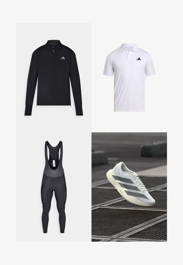 Casaco atlético preto com fecho total à frente, gola alta e mangas longas. Possui um pequeno logótipo no lado esquerdo do peito e um bolso com fecho. Textura suave.; Camisola polo branca feita de tecido respirável com colarinho, com mangas curtas e um logo preto da Adidas no lado esquerdo do peito.; Calças de ciclismo pretas com um painel superior texturizado e design em malha, pernas ajustadas e um assento almofadado para conforto.; Sapatilha desportiva branca com parte superior em malha texturizada, apresentando riscas cinzentas e sola acolchoada. Design leve adequado para corrida.