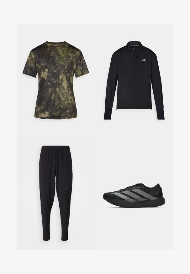 Črna športna jakna z votlim zadrgo, visokim ovratnikom in dolgimi rokavi. Ima majhen logotip na levem prsnem delu in žep z zadrgo. Gladka tekstura.; adidas Performance SEA TEE - Športne majice - olive strata; Črne športne hlače z elastiko v pasu, zožanega kroja, stranskimi žepi in diskretnim logotipom. Narejene iz fleksibilnega, zračnega materiala.; Crne atletske čevlje z lahkotno zasnovo, ki imajo tri izrazite sive črte, gladko teksturo in oblikovano podplat.